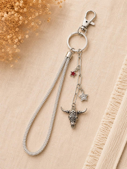 Rhinestone Wristlet Keychain with Steer Skull, Silver Crystal Star Country Charms, Western Bling Jewelry Lanyard, Rodeo Conce
