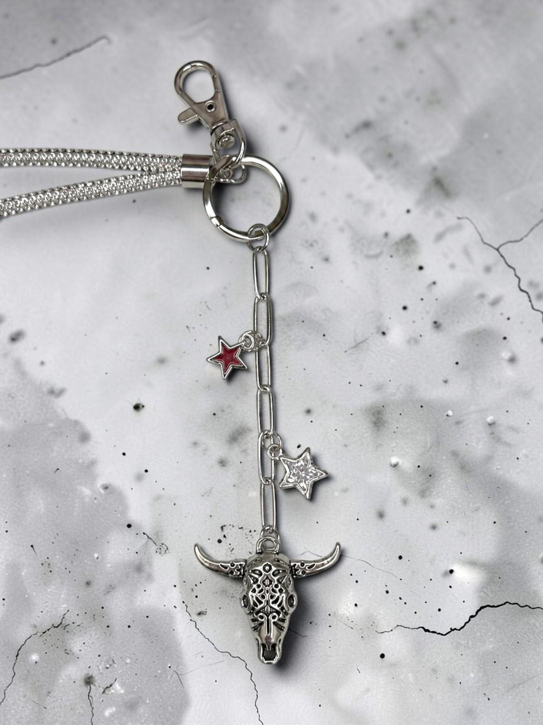 Rhinestone Wristlet Keychain with Steer Skull, Silver Crystal Star Country Charms, Western Bling Jewelry Lanyard, Rodeo Conce