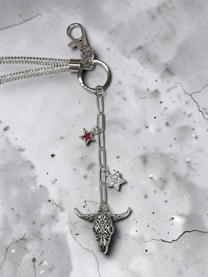 Rhinestone Wristlet Keychain with Steer Skull, Silver Crystal Star Country Charms, Western Bling Jewelry Lanyard, Rodeo Conce