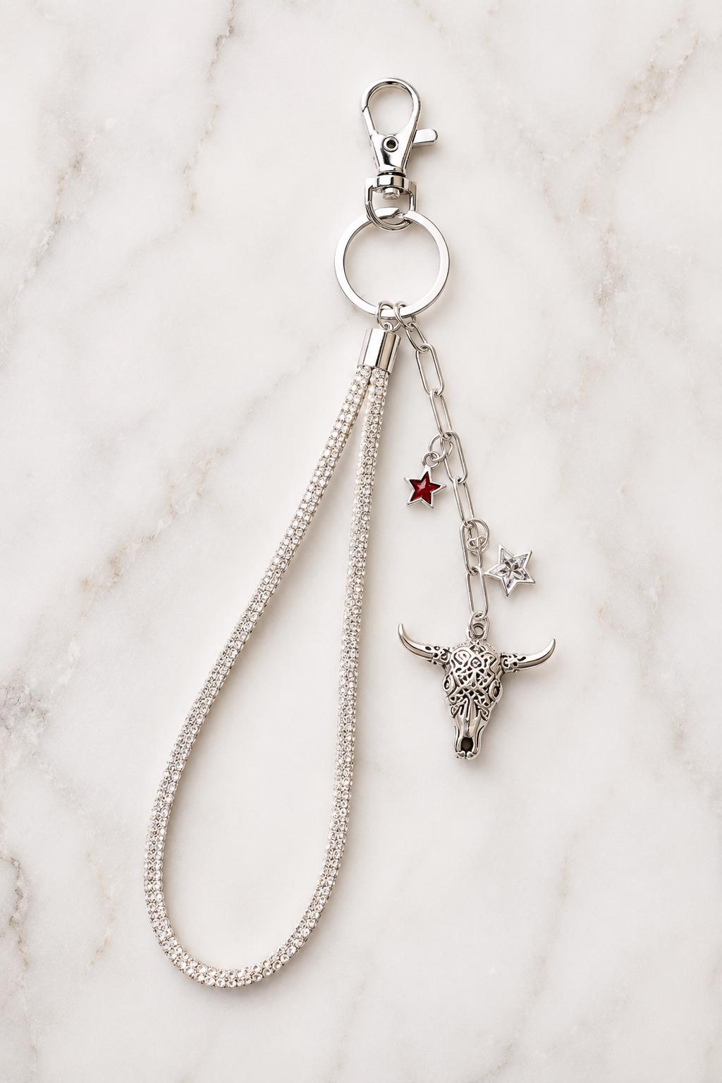 Rhinestone Wristlet Keychain with Steer Skull, Silver Crystal Star Country Charms, Western Bling Jewelry Lanyard, Rodeo Conce