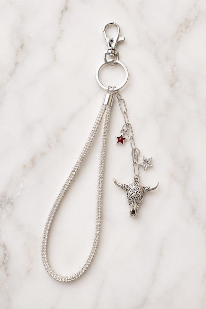 Rhinestone Wristlet Keychain with Steer Skull, Silver Crystal Star Country Charms, Western Bling Jewelry Lanyard, Rodeo Conce