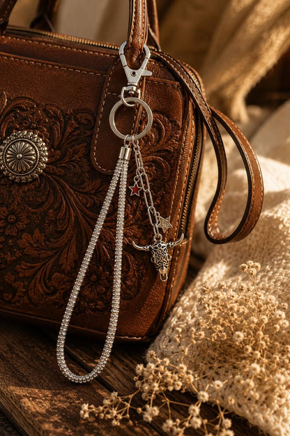 Rhinestone Wristlet Keychain with Steer Skull, Silver Crystal Star Country Charms, Western Bling Jewelry Lanyard, Rodeo Conce