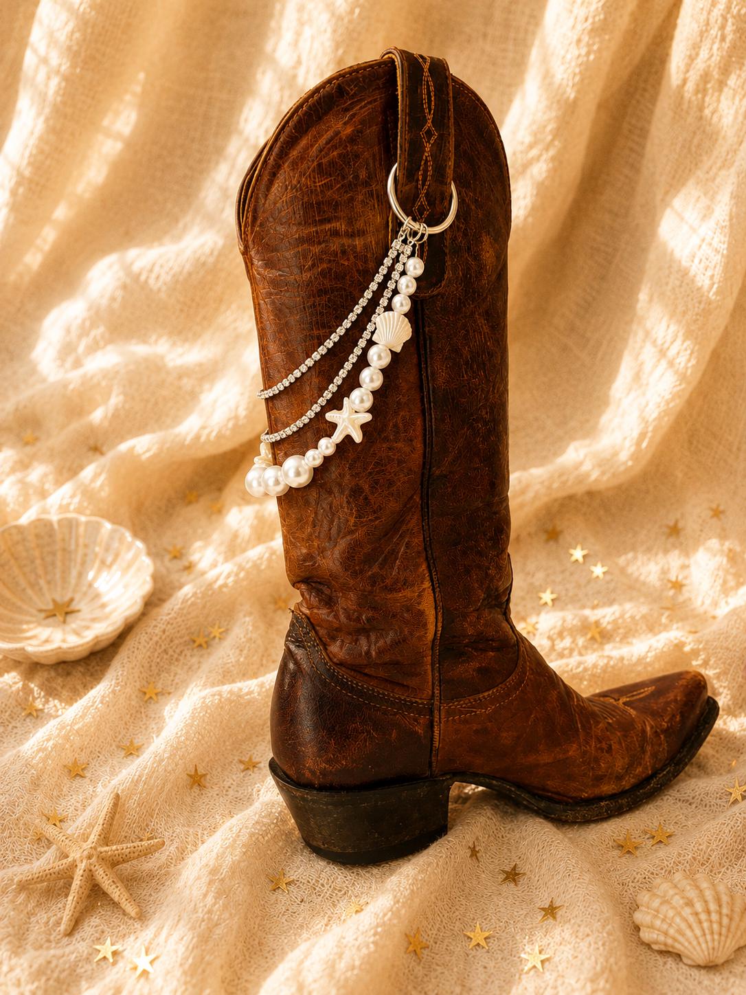 Western Boot Chain, Bridal Boot Jewelry, Pearl Cowboy Boot Charm, Coastal Cowgirl Wedding Accessory, White Pearl Boot Bling, 