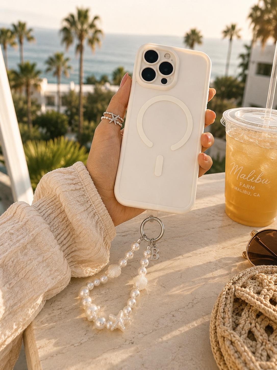 Personalized Pearl Phone Wristlet | Coastal Phone Charm | Beaded Phone Strap | Seashell Starfish Charm | Beach Gift for Her