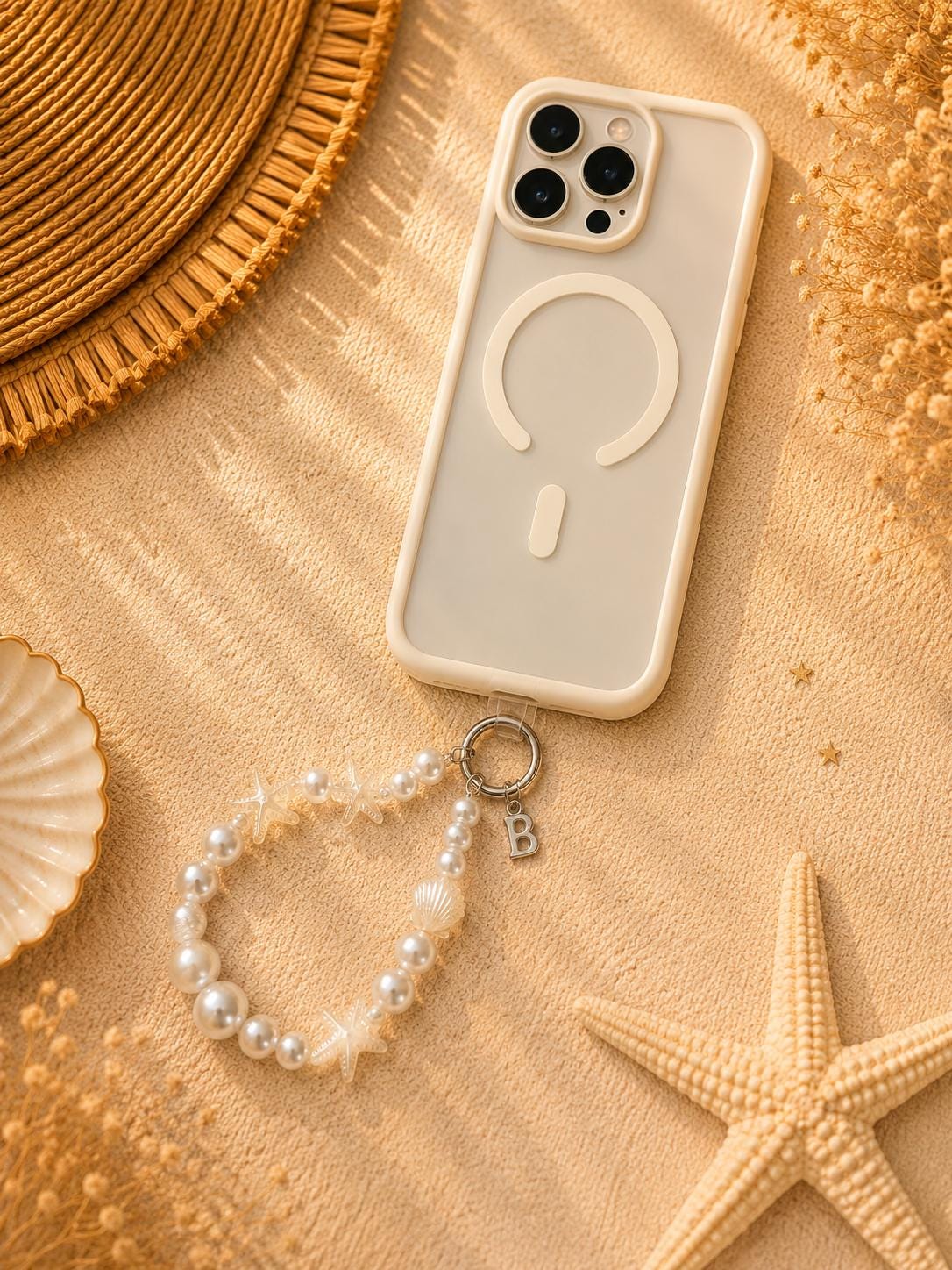 Personalized Pearl Phone Wristlet | Coastal Phone Charm | Beaded Phone Strap | Seashell Starfish Charm | Beach Gift for Her