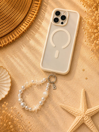 Personalized Pearl Phone Wristlet | Coastal Phone Charm | Beaded Phone Strap | Seashell Starfish Charm | Beach Gift for Her