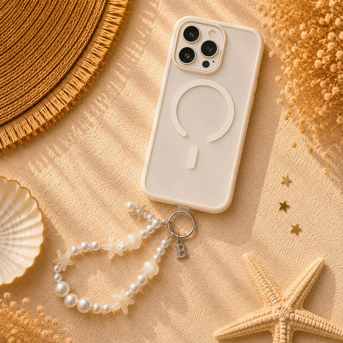 Personalized Pearl Phone Wristlet | Coastal Phone Charm | Beaded Phone Strap | Seashell Starfish Charm | Beach Gift for Her