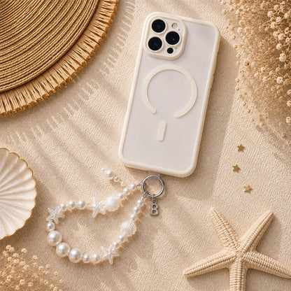Personalized Pearl Phone Wristlet | Coastal Phone Charm | Beaded Phone Strap | Seashell Starfish Charm | Beach Gift for Her