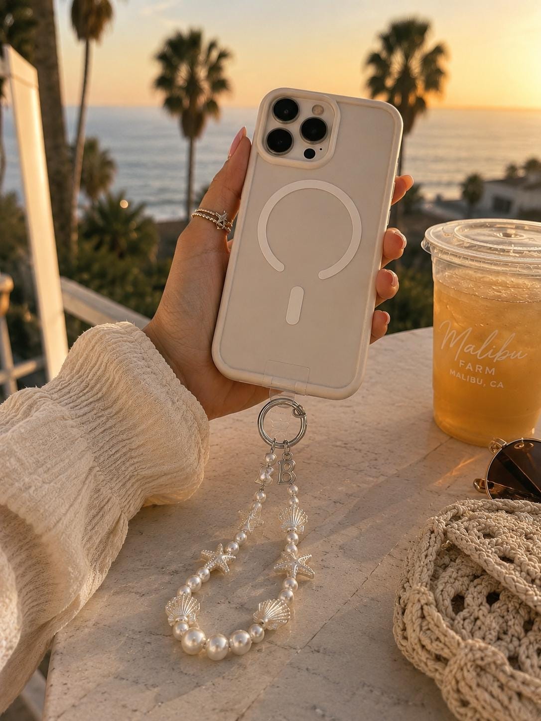 Personalized Pearl Phone Wristlet | Coastal Phone Charm | Beaded Phone Strap | Seashell Starfish Charm | Beach Gift for Her