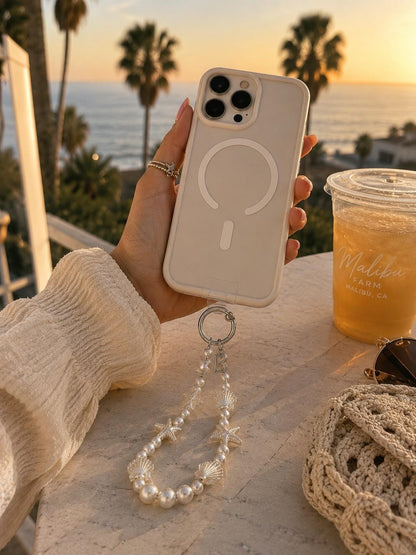 Personalized Pearl Phone Wristlet | Coastal Phone Charm | Beaded Phone Strap | Seashell Starfish Charm | Beach Gift for Her