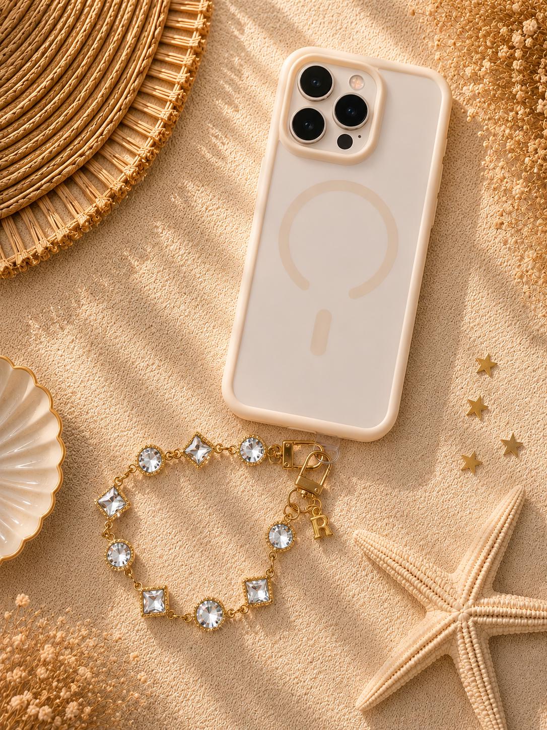 Personalized Rhinestone Phone Wristlet | Crystal Cell Charm | Gold Beaded Strap | Initial Accessory | Bling Gift for Her