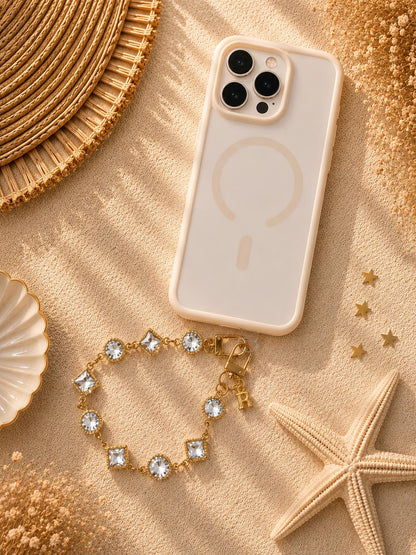 Personalized Rhinestone Phone Wristlet | Crystal Cell Charm | Gold Beaded Strap | Initial Accessory | Bling Gift for Her