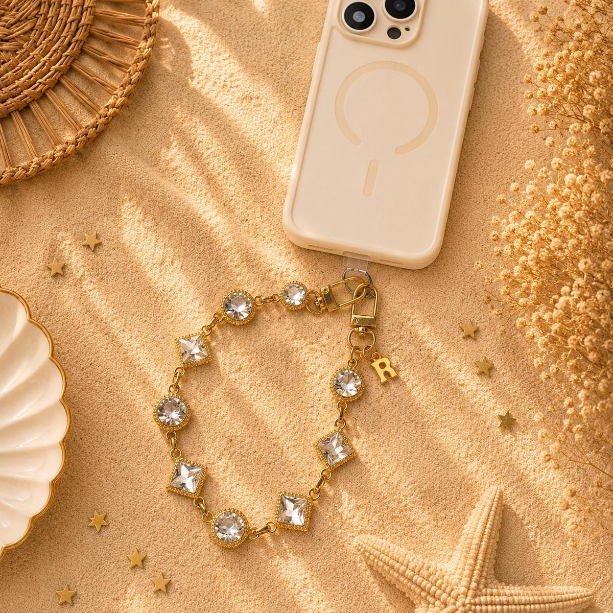 Personalized Rhinestone Phone Wristlet | Crystal Cell Charm | Gold Beaded Strap | Initial Accessory | Bling Gift for Her