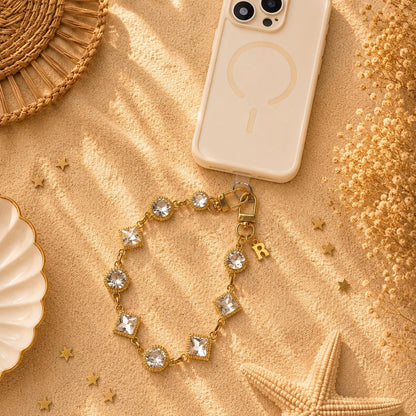 Personalized Rhinestone Phone Wristlet | Crystal Cell Charm | Gold Beaded Strap | Initial Accessory | Bling Gift for Her
