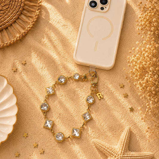 Personalized Rhinestone Phone Wristlet | Crystal Cell Charm | Gold Beaded Strap | Initial Accessory | Bling Gift for Her