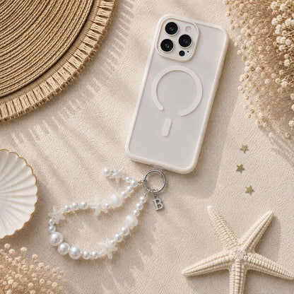 Personalized Pearl Phone Wristlet | Coastal Phone Charm | Beaded Phone Strap | Seashell Starfish Charm | Beach Gift for Her