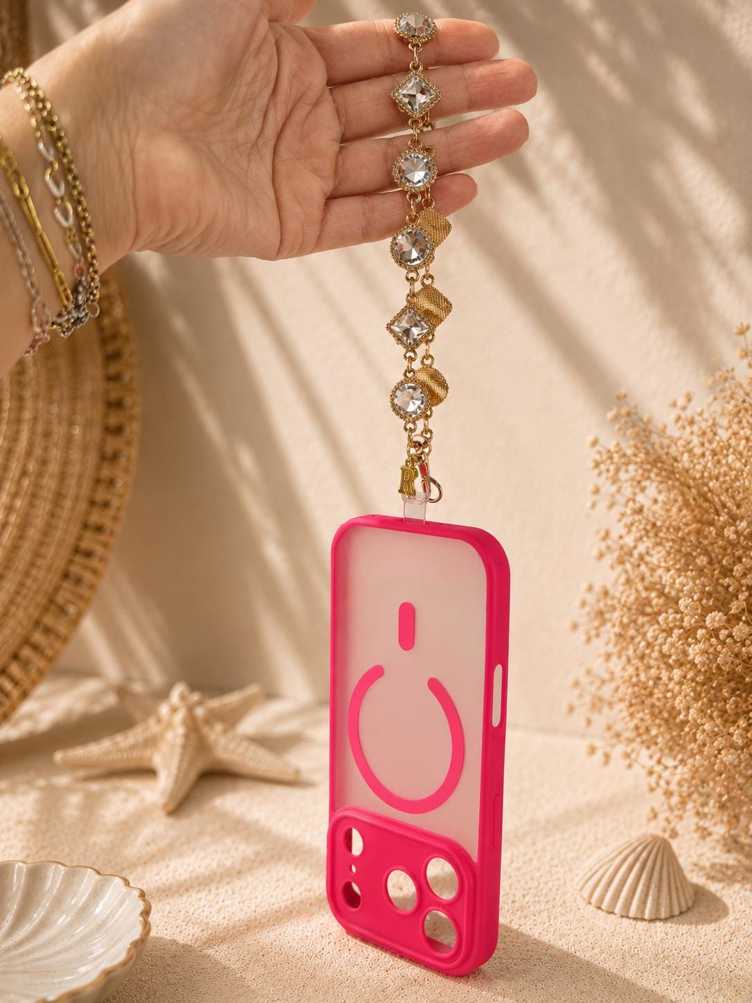 Personalized Rhinestone Phone Wristlet | Crystal Cell Charm | Gold Beaded Strap | Initial Accessory | Bling Gift for Her
