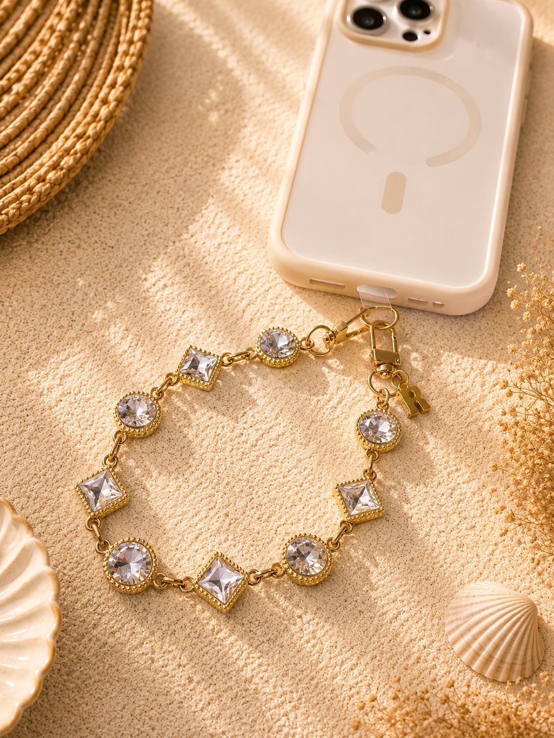 Personalized Rhinestone Phone Wristlet | Crystal Cell Charm | Gold Beaded Strap | Initial Accessory | Bling Gift for Her