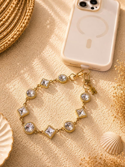 Personalized Rhinestone Phone Wristlet | Crystal Cell Charm | Gold Beaded Strap | Initial Accessory | Bling Gift for Her