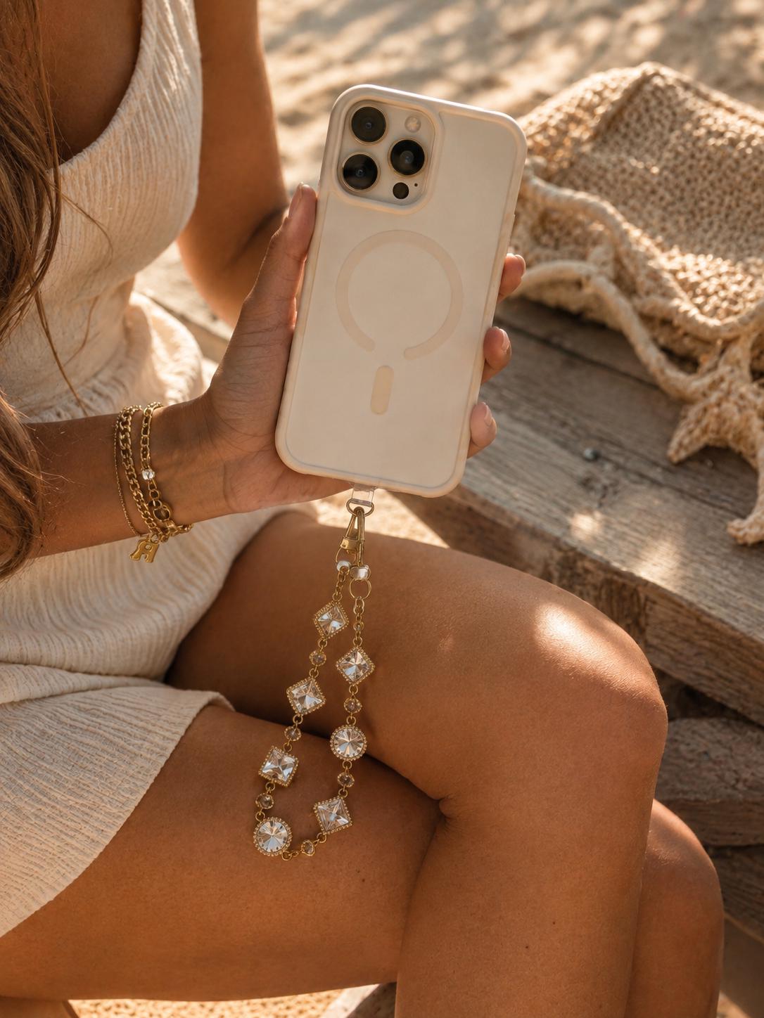 Personalized Rhinestone Phone Wristlet | Crystal Cell Charm | Gold Beaded Strap | Initial Accessory | Bling Gift for Her