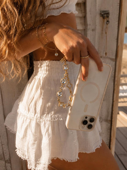 Personalized Rhinestone Phone Wristlet | Crystal Cell Charm | Gold Beaded Strap | Initial Accessory | Bling Gift for Her
