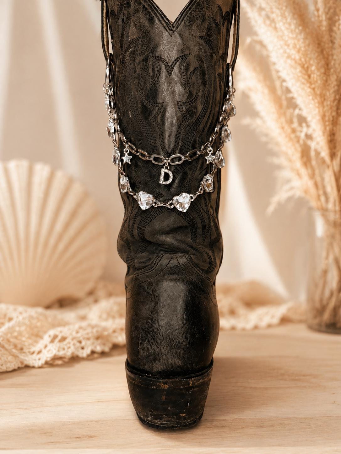 Personalized Crystal Heart Boot Chain, Silver Cowboy Boot Jewelry, Custom Initial Western Boot Charm, Country Concert Accessory
