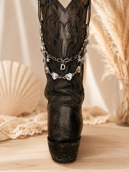 Personalized Crystal Heart Boot Chain, Silver Cowboy Boot Jewelry, Custom Initial Western Boot Charm, Country Concert Accessory