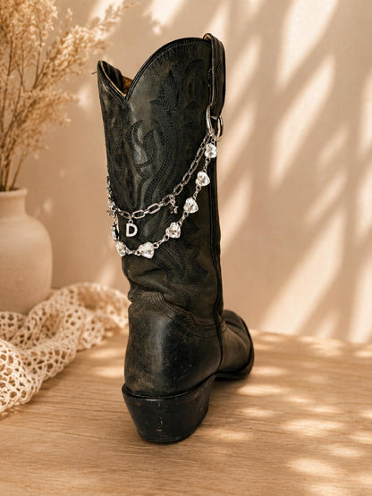 Personalized Crystal Heart Boot Chain, Silver Cowboy Boot Jewelry, Custom Initial Western Boot Charm, Country Concert Accessory