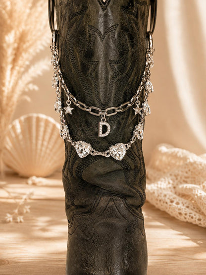 Personalized Crystal Heart Boot Chain, Silver Cowboy Boot Jewelry, Custom Initial Western Boot Charm, Country Concert Accessory