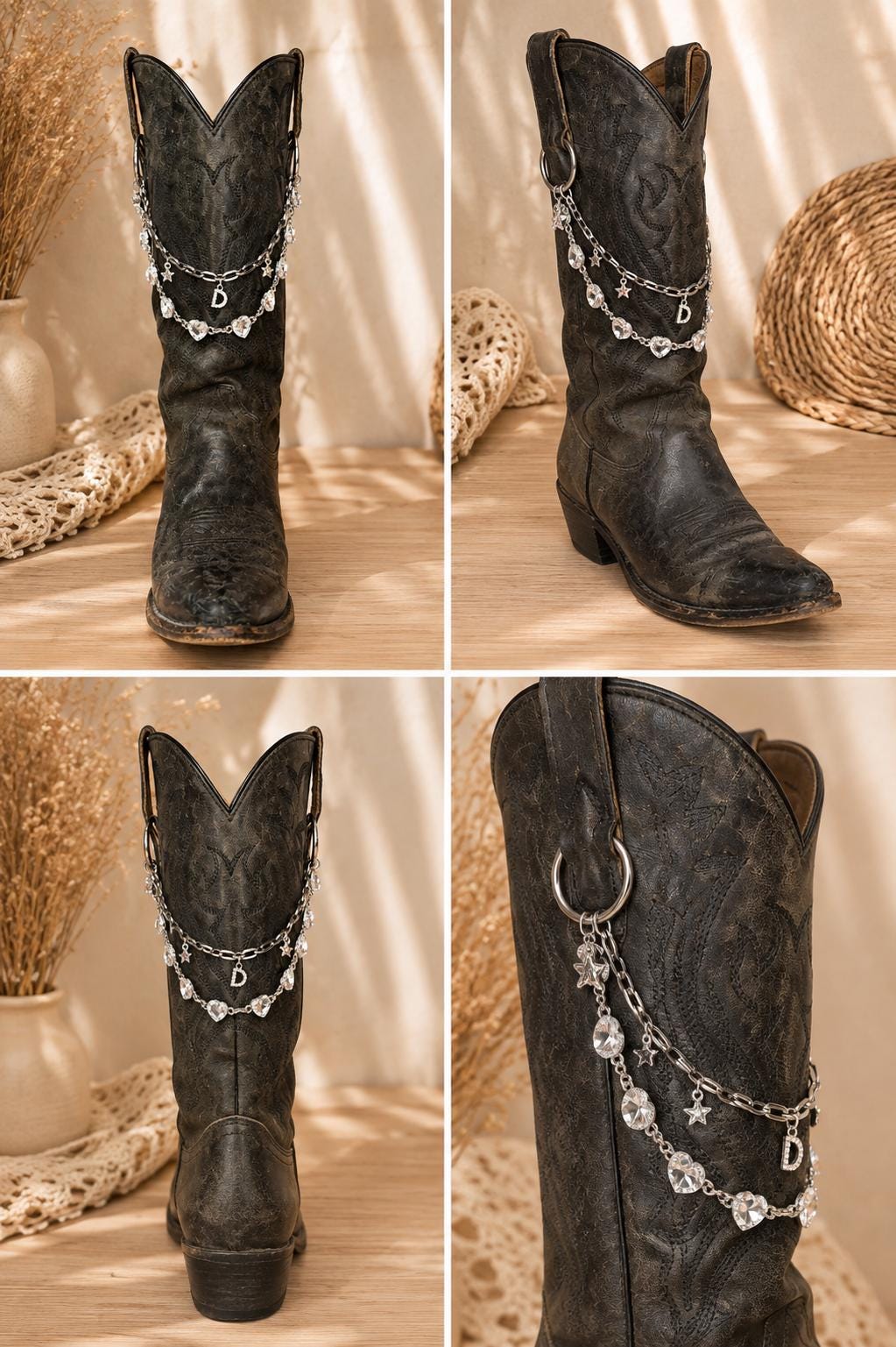 Personalized Crystal Heart Boot Chain, Silver Cowboy Boot Jewelry, Custom Initial Western Boot Charm, Country Concert Accessory